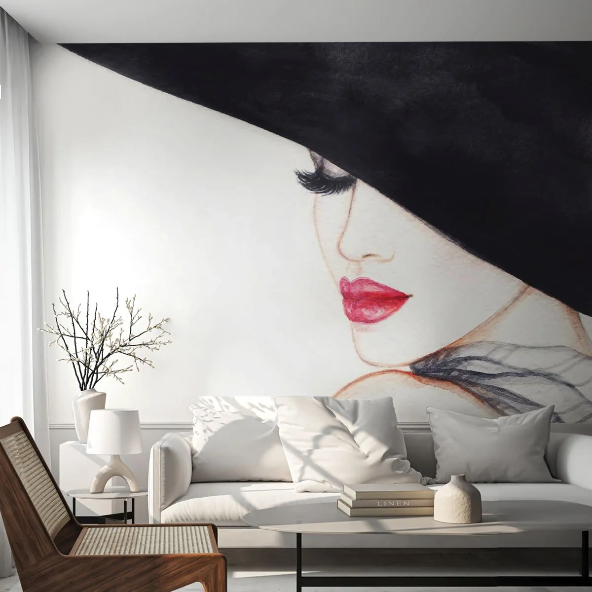 Papel de Parede Premium Canvas - Elegância e sensualidade - Mulher, lábios vermelhos, Chapéu preto - 250x175 cm