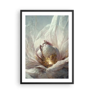 Pôster com moldura preta - Uma abstração sutil com um motivo floral em delicados tons de branco e dourado. - 50x70cm - Floresce uma vez a cada cem anos - Decoração de parede moderna para a sala de estar e quarto ARTTOR