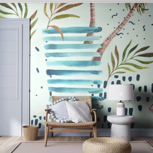 Papel de Parede Standard Eco - Composição tropical abstrata em estilo aquarela - 100x70cm - Férias sob as palmeiras - Decoração de parede moderna para a sala de estar e quarto ARTTOR