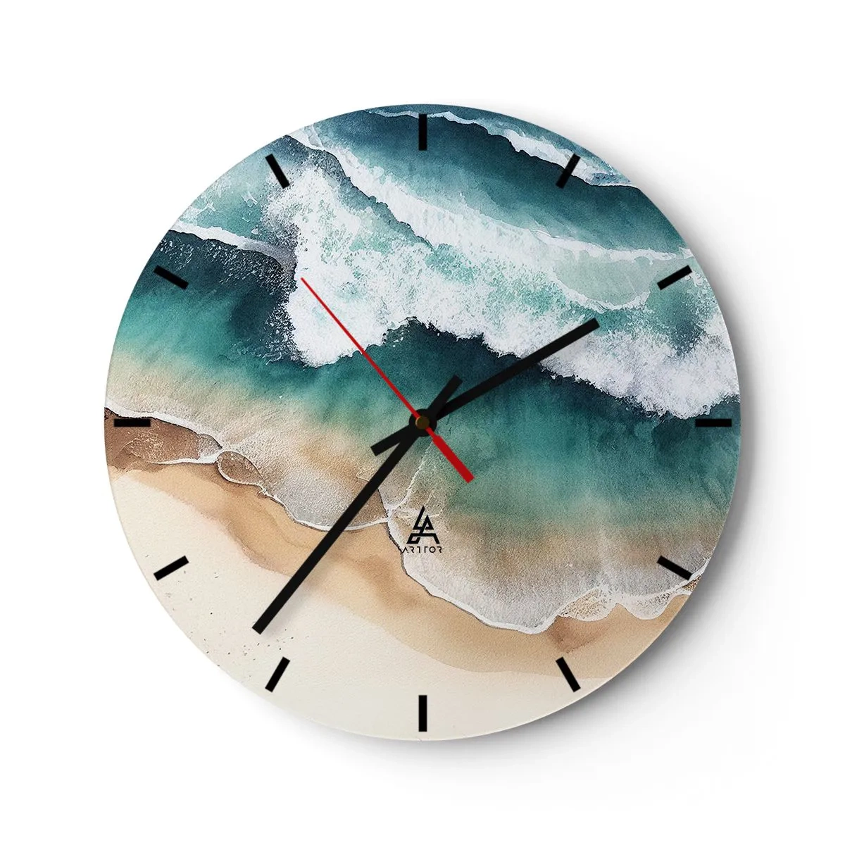 Relógio de parede - Relógio em vidro - Ondas do mar quebrando em uma praia de areia vista de um pássaro - 30x30cm - O eterno encontro - Decoração de parede moderna para a sala de estar, cozinha e quarto ARTTOR