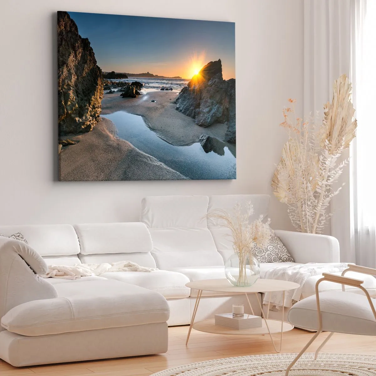Quadro em tela - Pôr do sol pitoresco em uma praia rochosa - 70x50cm - Intocado pela mão humana - Decoração de parede moderna para a sala de estar e quarto ARTTOR