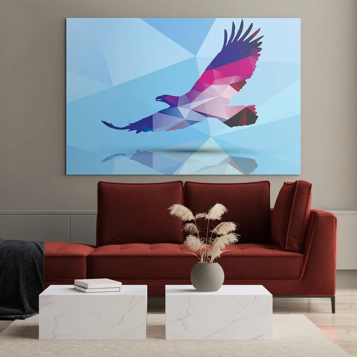 Quadro em vidro - Águia geométrica em fundo azul - 70x50cm - Águia em cristal lilás - Decoração de parede moderna para a sala de estar e quarto ARTTOR