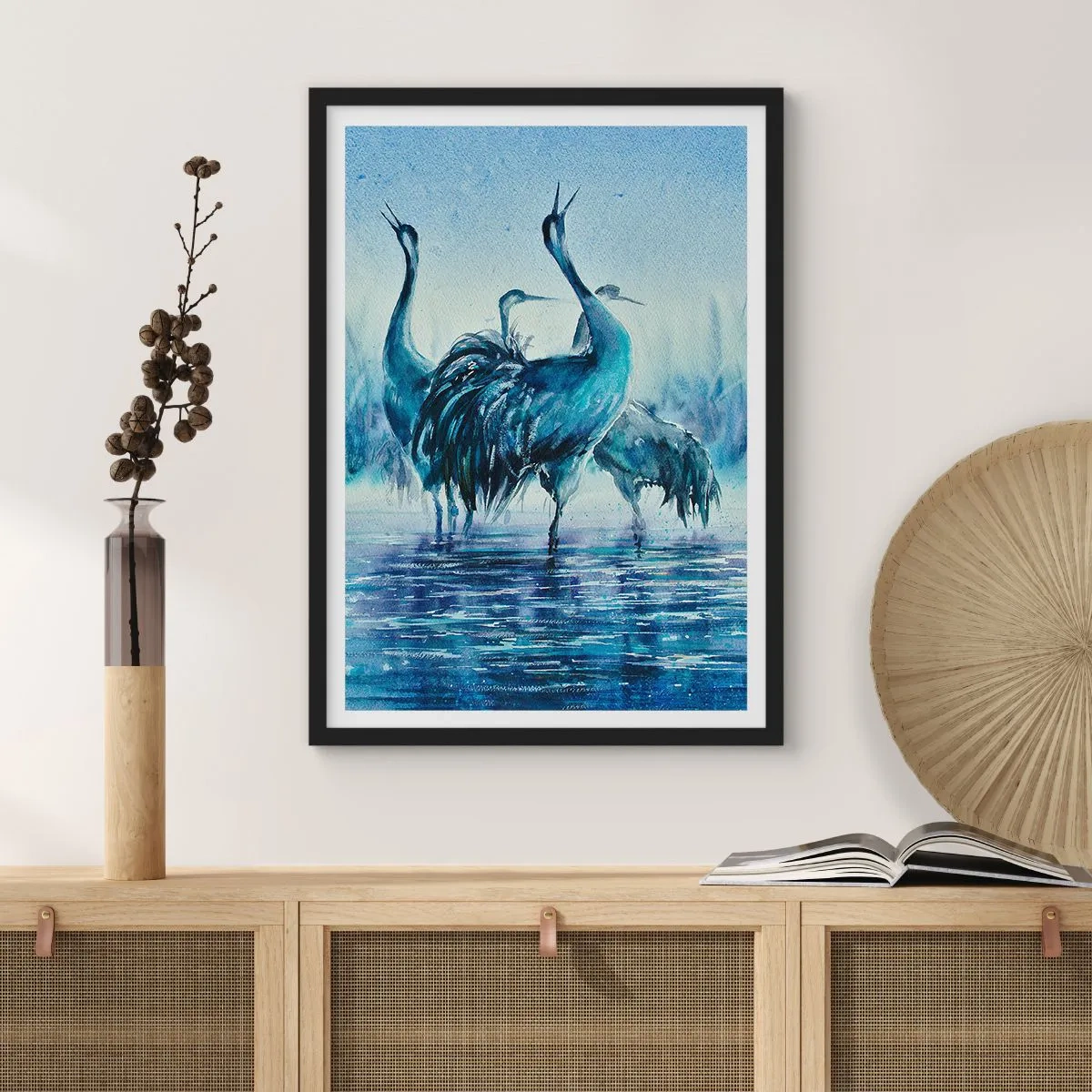 Pôster com moldura preta - Uma imagem atmosférica de guindastes em uma paisagem aquática azul - 50x70cm - Reunião matinal - Decoração de parede moderna para a sala de estar e quarto ARTTOR