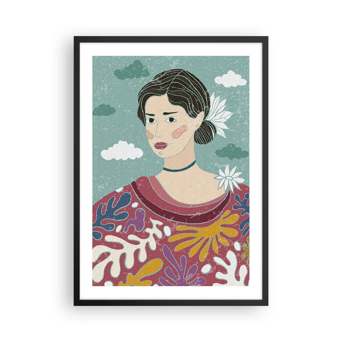 Pôster com moldura preta - Retrato de uma mulher com um vestido colorido e estilizado contra um fundo de nuvens. - 50x70cm - Com melancolia nos olhos - Decoração de parede moderna para a sala de estar e quarto ARTTOR
