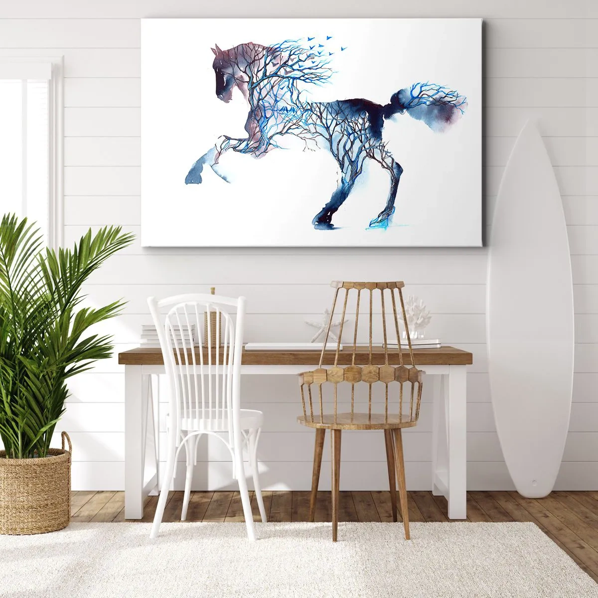 Quadro em tela - Gráfico artístico de cavalo com motivos de árvores e pássaros - 70x50cm - Como se a floresta tivesse se movido - Decoração de parede moderna para a sala de estar e quarto ARTTOR