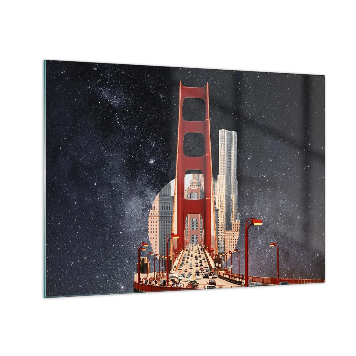 Quadro em vidro - Ponte e arranha-céus em um fundo de galáxia surreal - 70x50cm - Sempre no centro - Decoração de parede moderna para a sala de estar e quarto ARTTOR