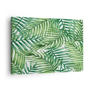 Quadro em tela - Folhas de palmeira tropical verde sobre fundo claro - 70x50cm - Sob as folhas verdes - Decoração de parede moderna para a sala de estar e quarto ARTTOR