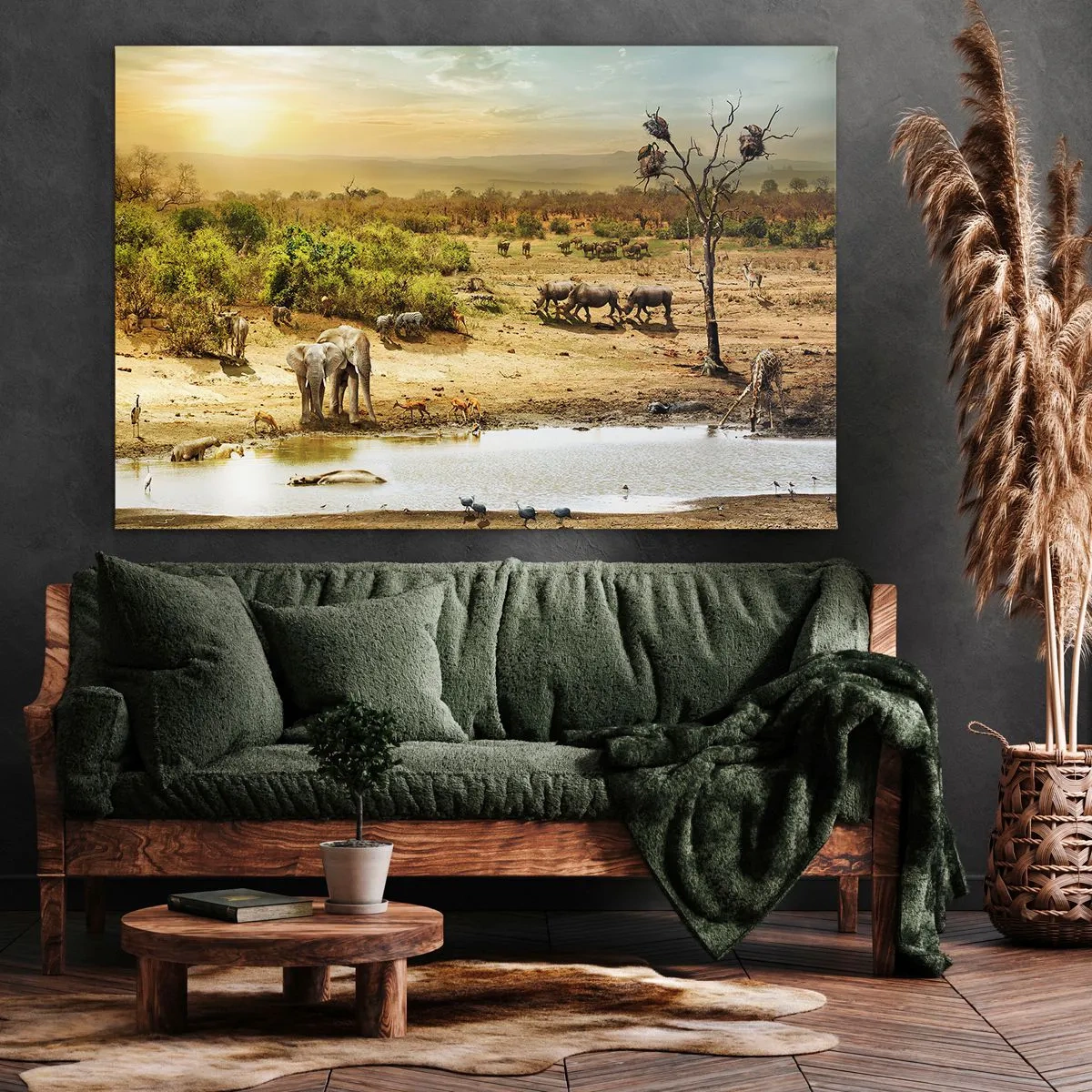 Quadro em tela - Elefantes e animais selvagens em um bebedouro ao pôr do sol - 70x50cm - Um rio corria no Éden... - Decoração de parede moderna para a sala de estar e quarto ARTTOR