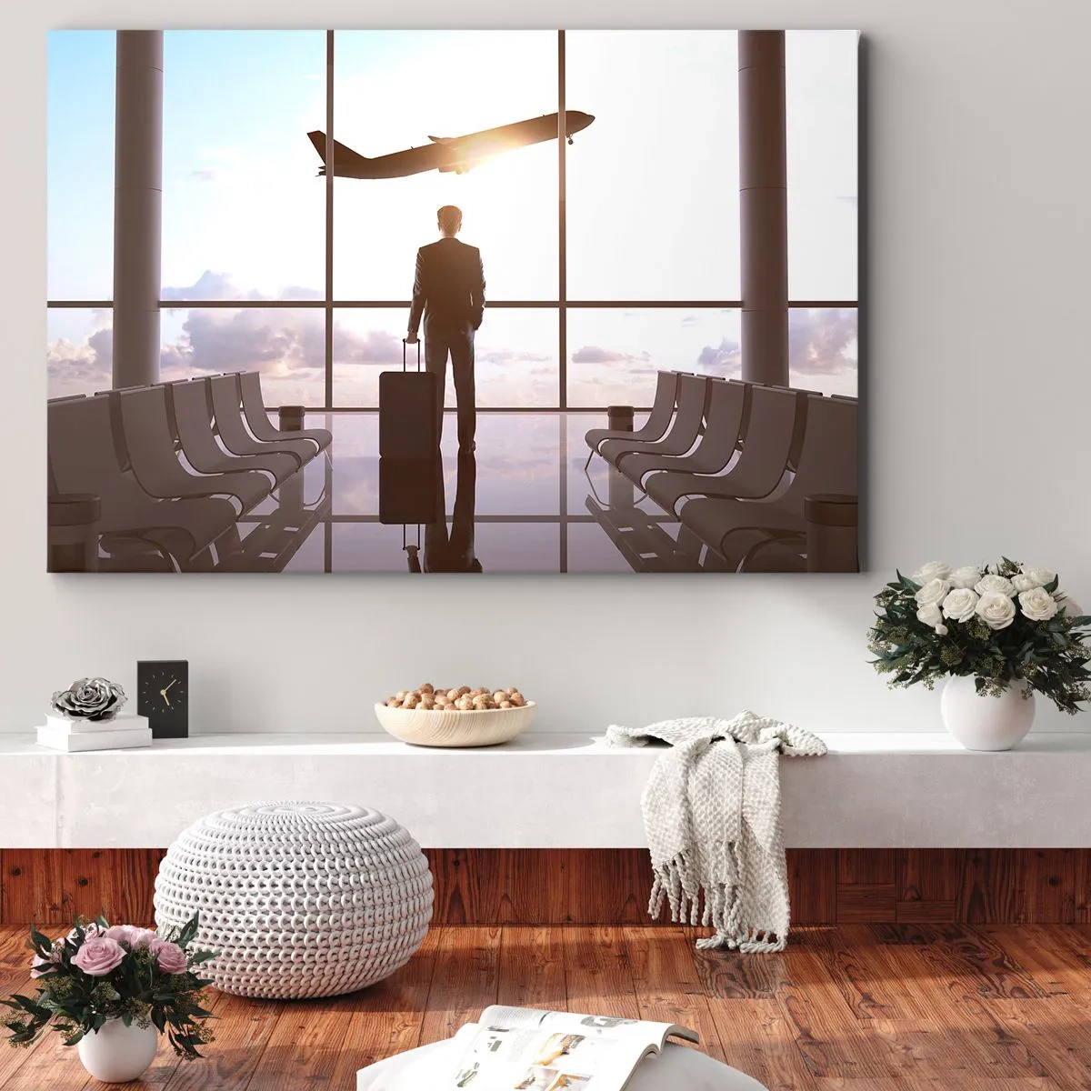 Quadro em tela - Empresário no aeroporto com um avião ao fundo - 70x50cm - Tem tempo, desacelere - Decoração de parede moderna para a sala de estar e quarto ARTTOR