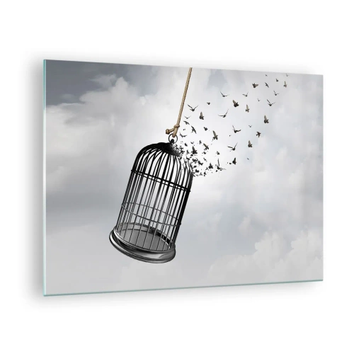 Quadro em vidro - A abertura da gaiola e os pássaros voando para fora dela contra o céu - 70x50cm - Fé... Esperança... Liberdade! - Decoração de parede moderna para a sala de estar e quarto ARTTOR
