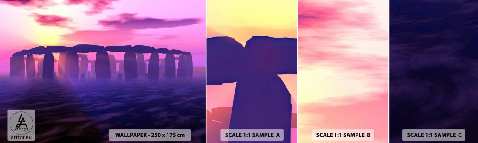 Amostra de Papel de Parede Standard Eco - O mistério do amanhecer no nevoeiro - Arquitetura, Stonehenge, Círculos de Pedra - 100x30 cm