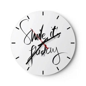 Relógio de parede - Relógio em vidro - Citação de "Sorria, é sexta-feira" em gráficos elegantes em preto e branco - 30x30cm - Verdadeira alegria - Decoração de parede moderna para a sala de estar, cozinha e quarto ARTTOR