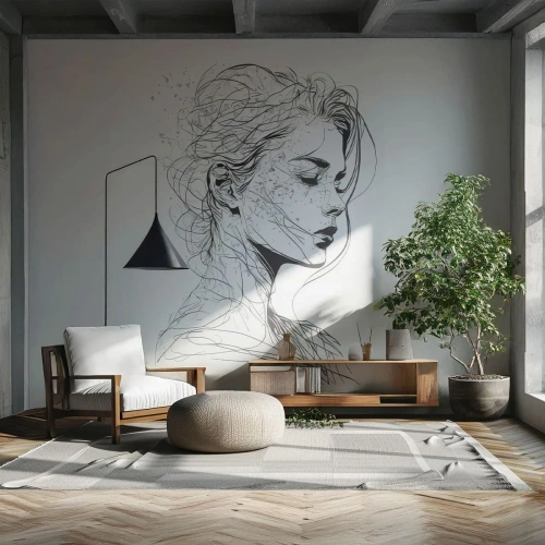 Papel de Parede Premium Sand - Retrato em pensamento - Mulher, Retrato, Linha - 400x280 cm