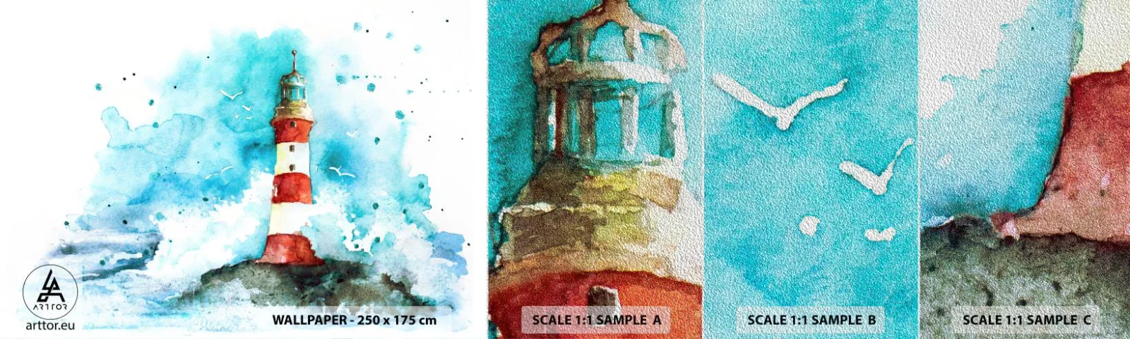 Amostra de papel de parede Premium Sand - Unidade dos elementos da natureza - Farol, Paisagem, Gráficos - 100x30 cm