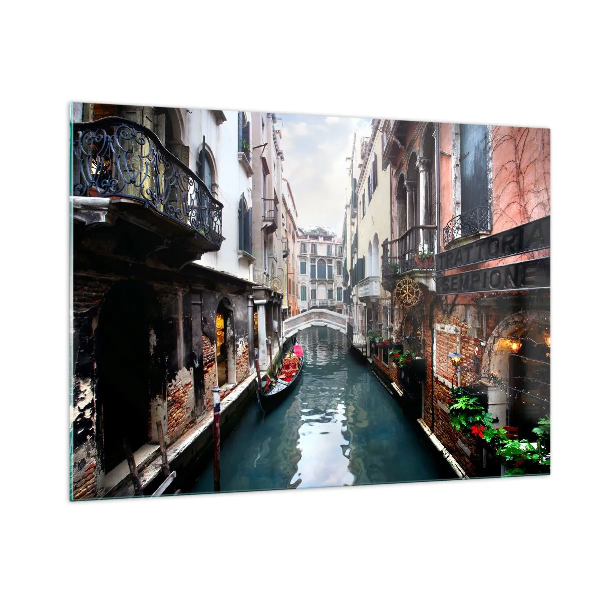 Quadro em vidro - Paisagem veneziana com gôndola e ponte - 100x70 cm