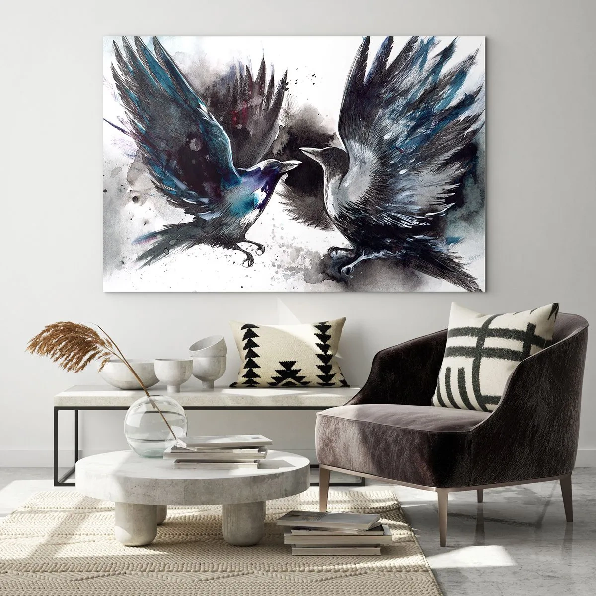 Quadro em vidro - Dois corvos em pose dinâmica com asas abertas - 70x50cm - De corvo a corvo... - Decoração de parede moderna para a sala de estar e quarto ARTTOR