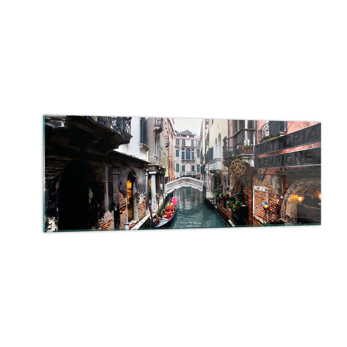 Quadro em vidro - Paisagem veneziana com gôndola e ponte - 140x50 cm