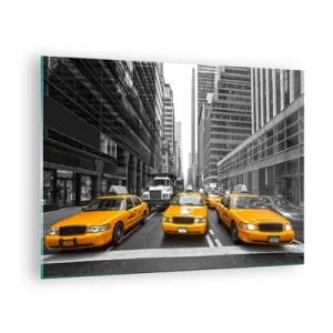 Quadro em vidro - Táxis amarelos nas ruas de Nova York - 70x50cm - Somos a cor da cidade - Decoração de parede moderna para a sala de estar e quarto ARTTOR