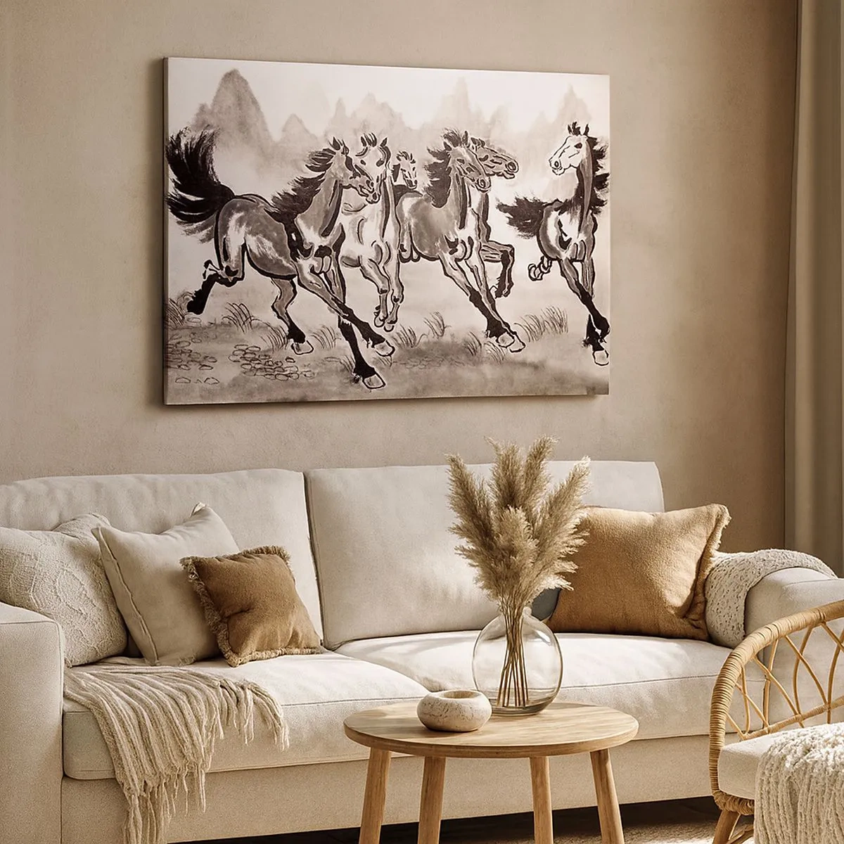 Quadro em tela - Gráficos dinâmicos de cavalos galopando em estilo oriental - 70x50cm - Num galope alegre - Decoração de parede moderna para a sala de estar e quarto ARTTOR