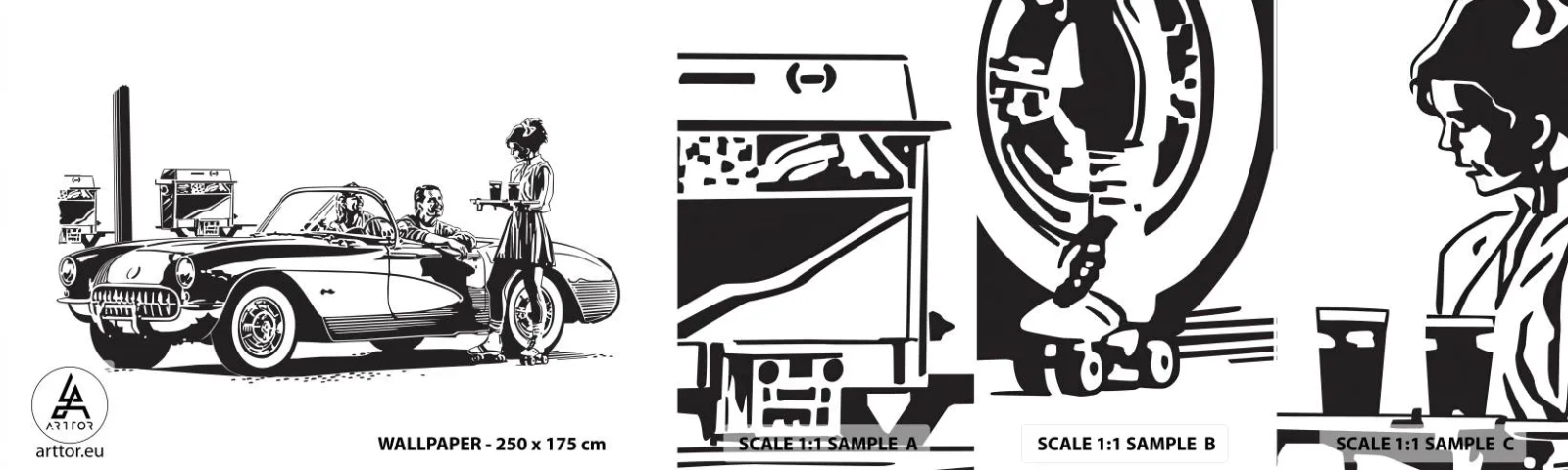 Amostra de papel de parede autocolante Deluxe Sticker - 60º - América Despreocupada - Carro antigo, Posto de gasolina, América - 100x30 cm