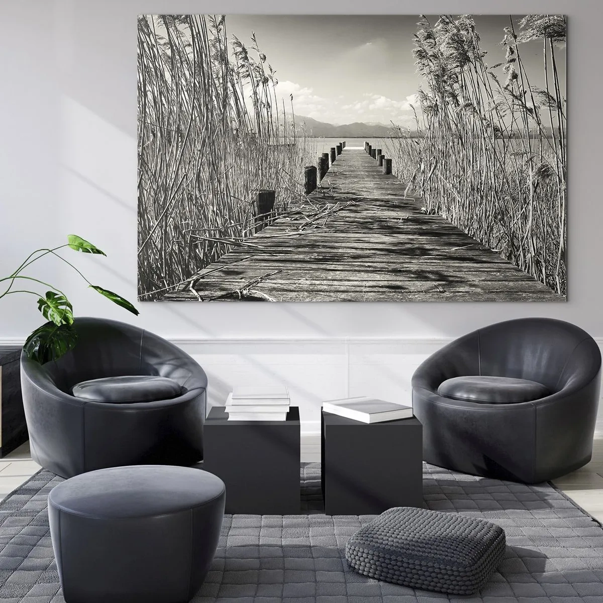 Quadro em vidro - Uma ponte de madeira atravessa a grama e atravessa um lago tranquilo. - 70x50cm - No silêncio da relva - Decoração de parede moderna para a sala de estar e quarto ARTTOR