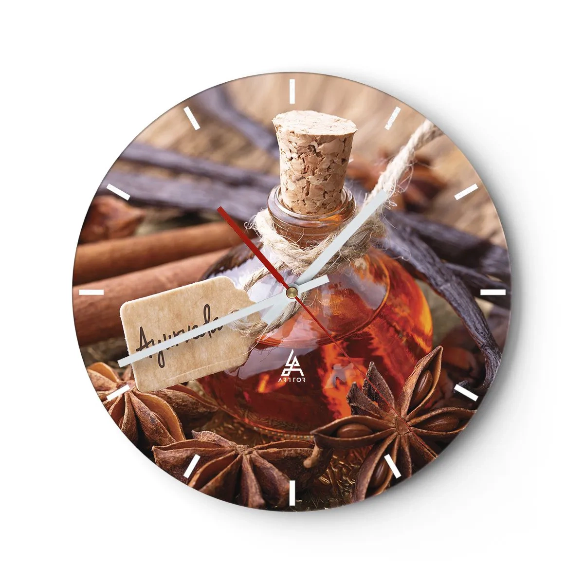 Relógio de parede - Relógio em vidro - Um frasco de especiarias cercado por anis e baunilha - 30x30cm - Rumo à unidade do corpo e do espírito - Decoração de parede moderna para a sala de estar, cozinha e quarto ARTTOR