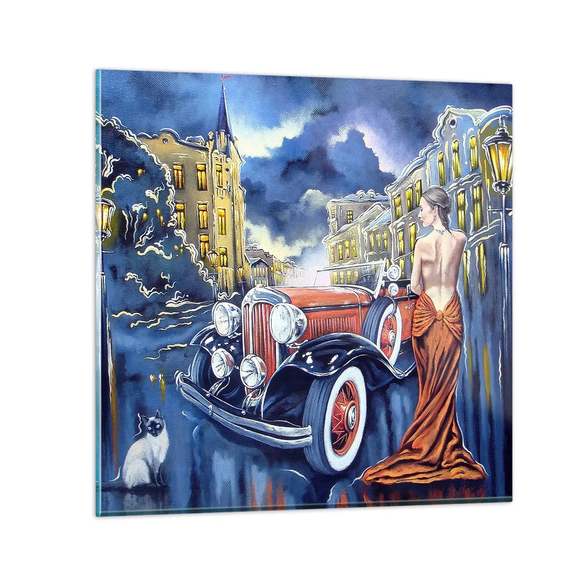 Quadro em vidro - Música instrumental em azul e coral - 50x50 cm