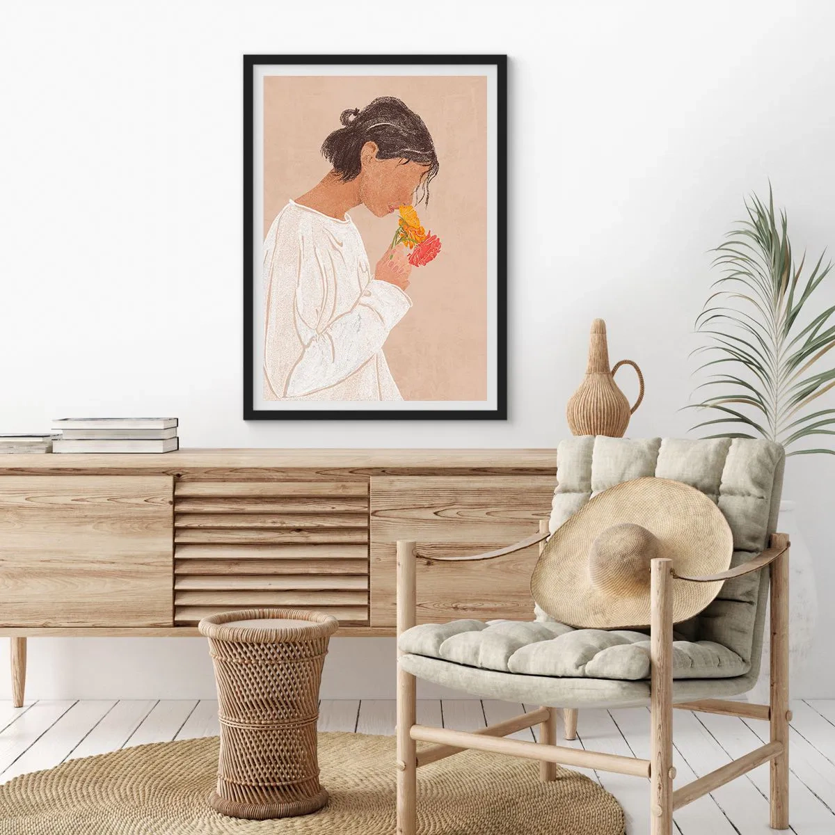 Pôster com moldura preta - Uma mulher de branco refletindo sobre flores - 50x70cm - Menina e flores - Decoração de parede moderna para a sala de estar e quarto ARTTOR