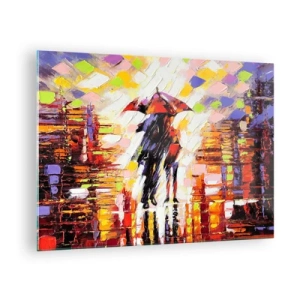 Quadro em vidro - Um casal sob um guarda-chuva vermelho em uma cidade colorida - 70x50cm - Juntos durante a noite e a chuva - Decoração de parede moderna para a sala de estar e quarto ARTTOR