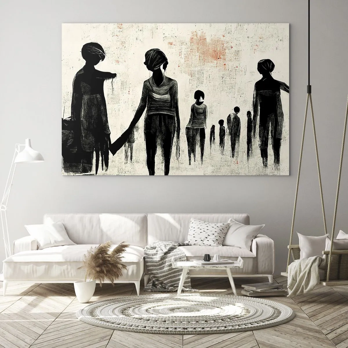 Quadro em vidro - Figuras pretas em movimento sobre fundo claro com textura vermelha - 70x50cm - Contra a solidão - Decoração de parede moderna para a sala de estar e quarto ARTTOR