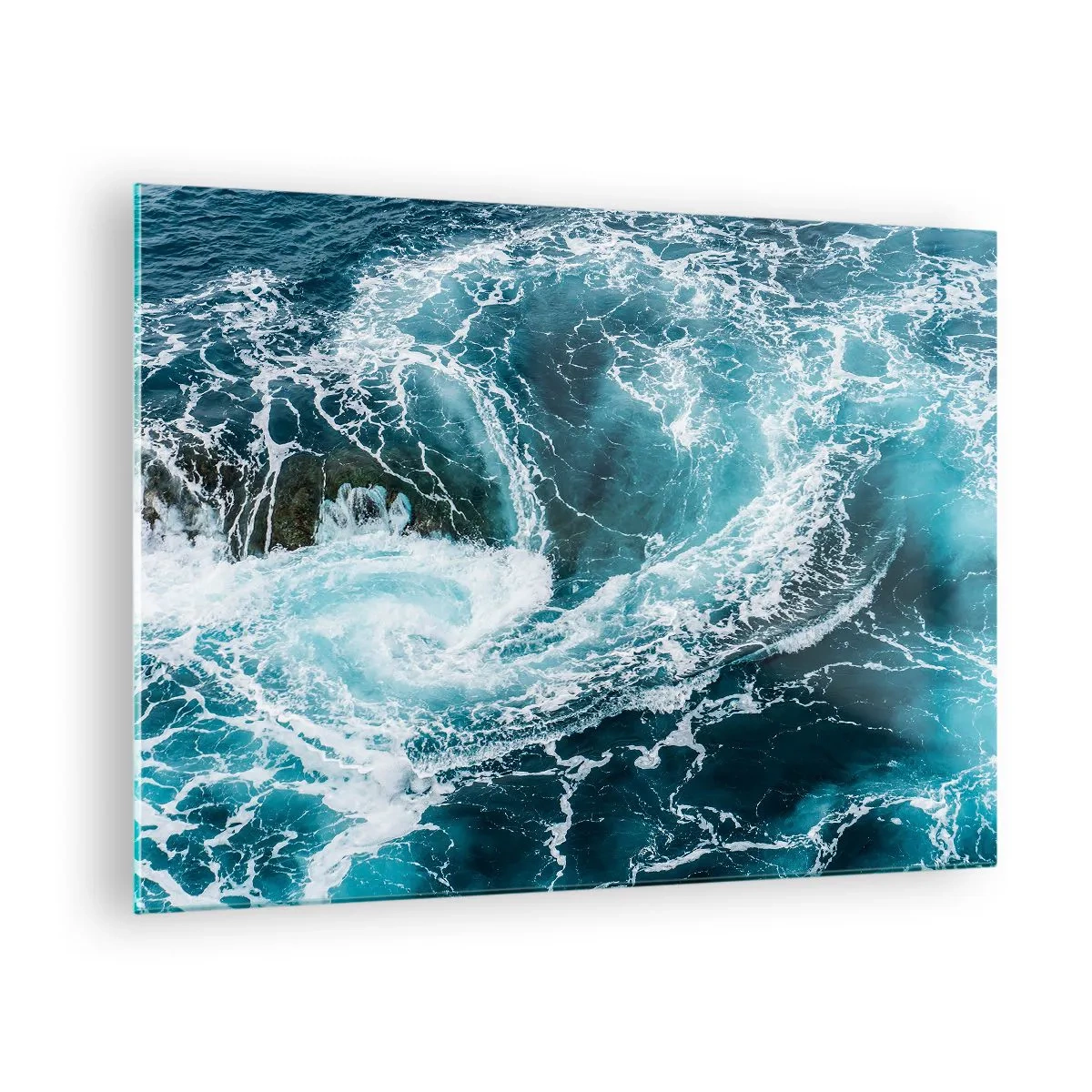 Quadro em vidro - Um redemoinho oceânico cercado por ondas brancas em água azul - 70x50cm - Portões para o Interior da Terra - Decoração de parede moderna para a sala de estar e quarto ARTTOR