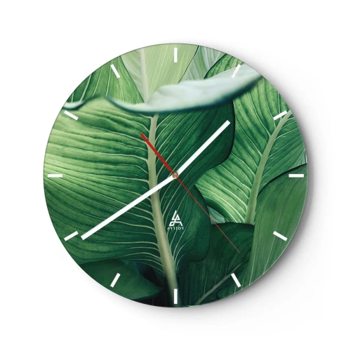 Relógio de parede - Relógio em vidro - Close-up de folhas tropicais intensamente verdes - 30x30cm - Vida intensamente verde - Decoração de parede moderna para a sala de estar, cozinha e quarto ARTTOR