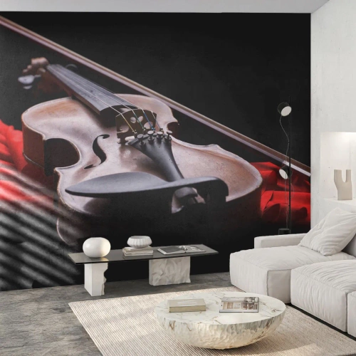 Papel de Parede Standard Eco - Violino antigo em tecido vermelho com fundo escuro - 100x70cm - Música de sentimentos - Decoração de parede moderna para a sala de estar e quarto ARTTOR