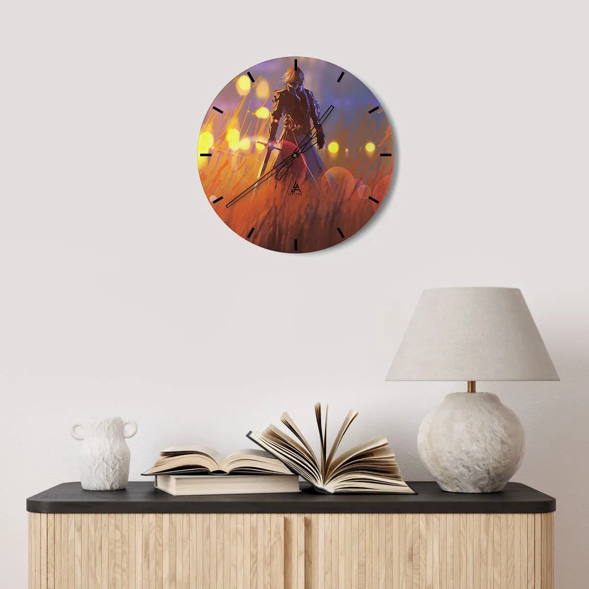 Relógio de parede - Relógio em vidro - A figura de um cavaleiro contra o fundo de um pôr do sol luminoso - 30x30cm - Cavaleiro errante - Decoração de parede moderna para a sala de estar, cozinha e quarto ARTTOR