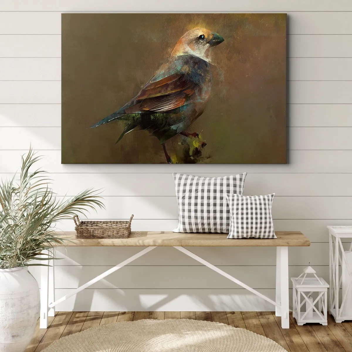 Quadro em tela - Uma interpretação artística de um pardal em um fundo marrom - 70x50cm - Pardal, pequeno passarinho - Decoração de parede moderna para a sala de estar e quarto ARTTOR