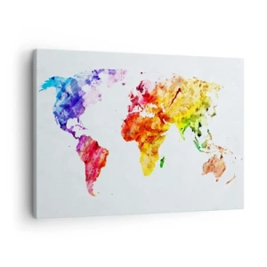 Quadro em tela - Mapa-múndi colorido em aquarela - 70x50cm - Todas as cores do mundo - Decoração de parede moderna para a sala de estar e quarto ARTTOR