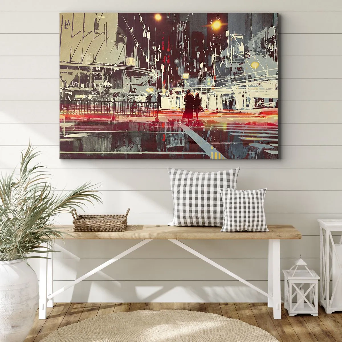 Quadro em tela - Cidade à noite com luzes de neon e silhuetas de pessoas na rua - 70x50cm - Travessia metropolitana - Decoração de parede moderna para a sala de estar e quarto ARTTOR