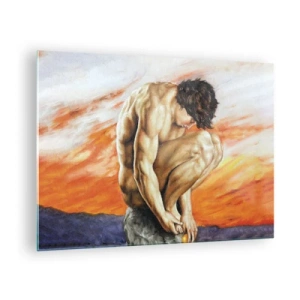 Quadro em vidro - Um corpo humano nu contra um céu laranja intenso. - 70x50cm - Imerso em si mesmo - Decoração de parede moderna para a sala de estar e quarto ARTTOR