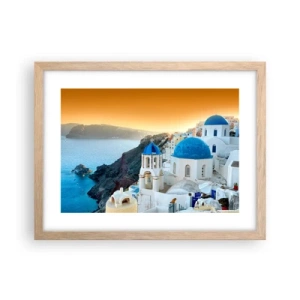 Pôster com moldura de carvalho claro - Santorini - abraçada às rochas - 40x30 cm