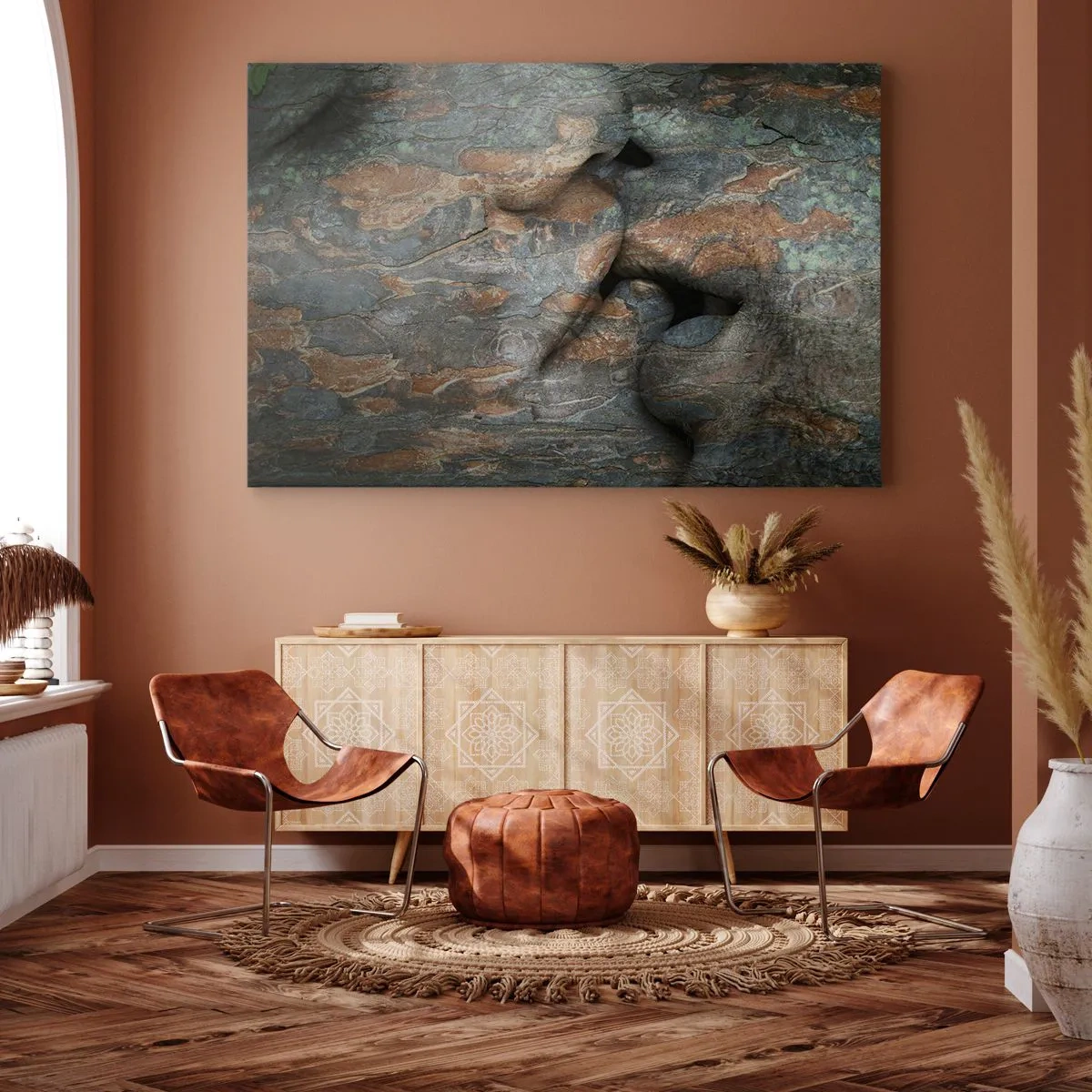 Quadro em tela - Um motivo artístico de um rosto esculpido em rocha com efeito de textura natural. - 70x50cm - Juntos para sempre - Decoração de parede moderna para a sala de estar e quarto ARTTOR