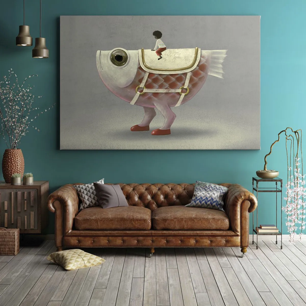 Quadro em tela - Um elegante cavaleiro de peixe com pernas e uma sela - 70x50cm - O cavaleiro Peixoso - Decoração de parede moderna para a sala de estar e quarto ARTTOR