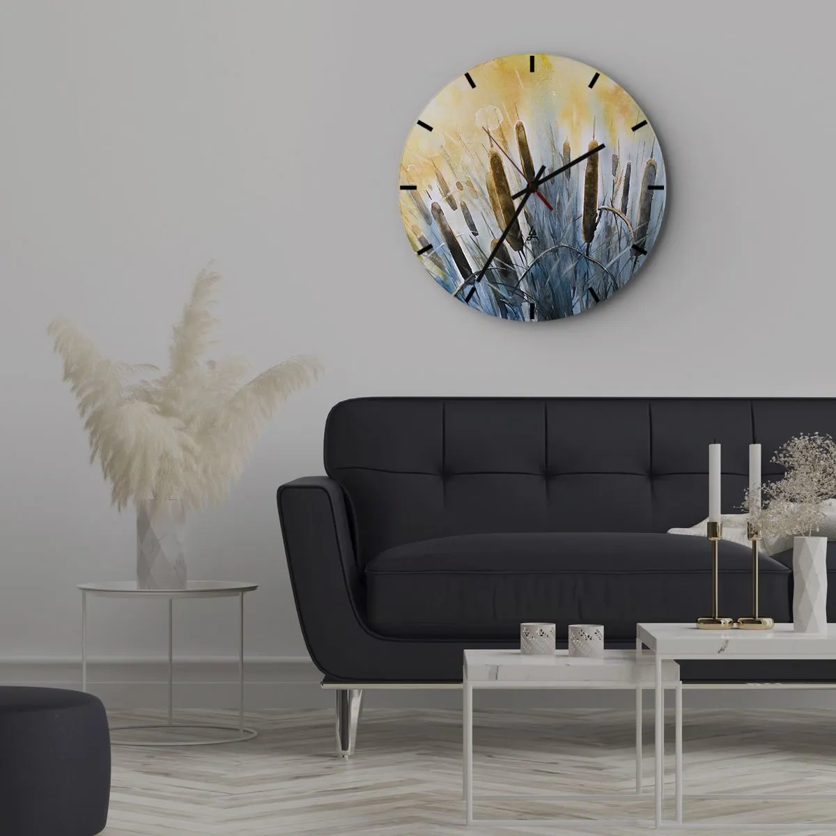 Relógio de parede - Relógio em vidro - Juncos pictóricos nas cores quentes do pôr do sol - 30x30cm - O frio da água, o calor do sol - Decoração de parede moderna para a sala de estar, cozinha e quarto ARTTOR