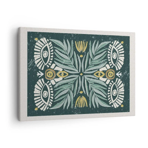 Quadro em tela - Padrão de planta simétrico em um fundo verde - 70x50cm - Como um recorte folclórico - Decoração de parede moderna para a sala de estar e quarto ARTTOR