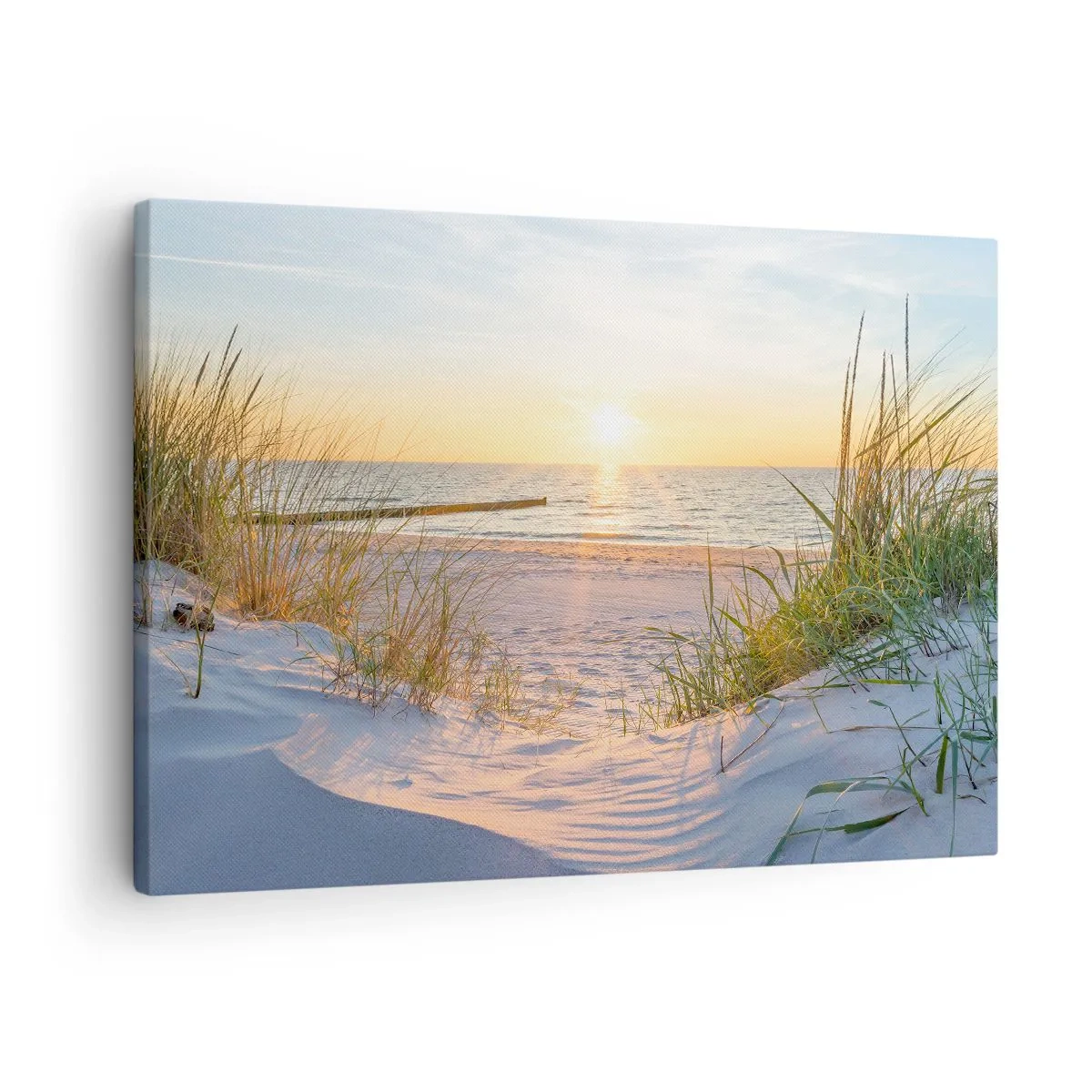 Quadro em tela - Uma praia de areia com vista para o pôr do sol sobre o mar - 70x50cm - O som do mar, o canto dos pássaros, a praia selvagem entre a relva... - Decoração de parede moderna para a sala de estar e quarto ARTTOR