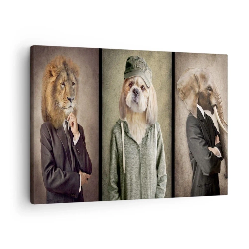 Quadro em tela - Retratos estilizados de um leão, um cachorro e um elefante em roupas elegantes - 70x50cm - Prefiro relaxar - Decoração de parede moderna para a sala de estar e quarto ARTTOR