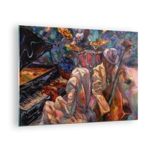 Quadro em vidro - Um palco de jazz colorido com músicos e instrumentos - 70x50cm - Num só ritmo - Decoração de parede moderna para a sala de estar e quarto ARTTOR