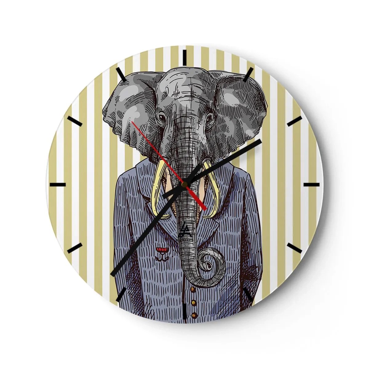 Relógio de parede - Relógio em vidro - Um desenho elegante de um elefante de terno sobre um fundo de listras verticais. - 30x30cm - Elegante por natureza - Decoração de parede moderna para a sala de estar, cozinha e quarto ARTTOR
