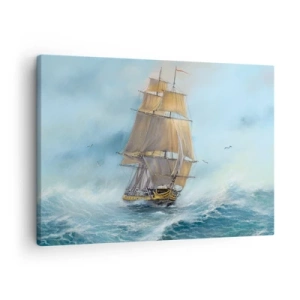 Quadro em tela - Um veleiro em um mar tempestuoso - 70x50cm - Correndo sobre as ondas - Decoração de parede moderna para a sala de estar e quarto ARTTOR