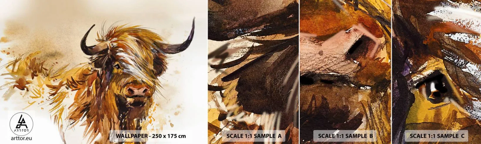 Amostra de papel de parede autocolante Deluxe Sticker - Orgulho do caçador - Animais, Abstração, Búfalo Escocês - 100x30 cm