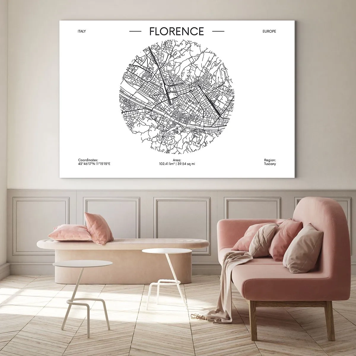 Quadro em vidro - Florença na forma de um mapa estilizado com uma rede de ruas - 70x50cm - A anatomia de Florença - Decoração de parede moderna para a sala de estar e quarto ARTTOR
